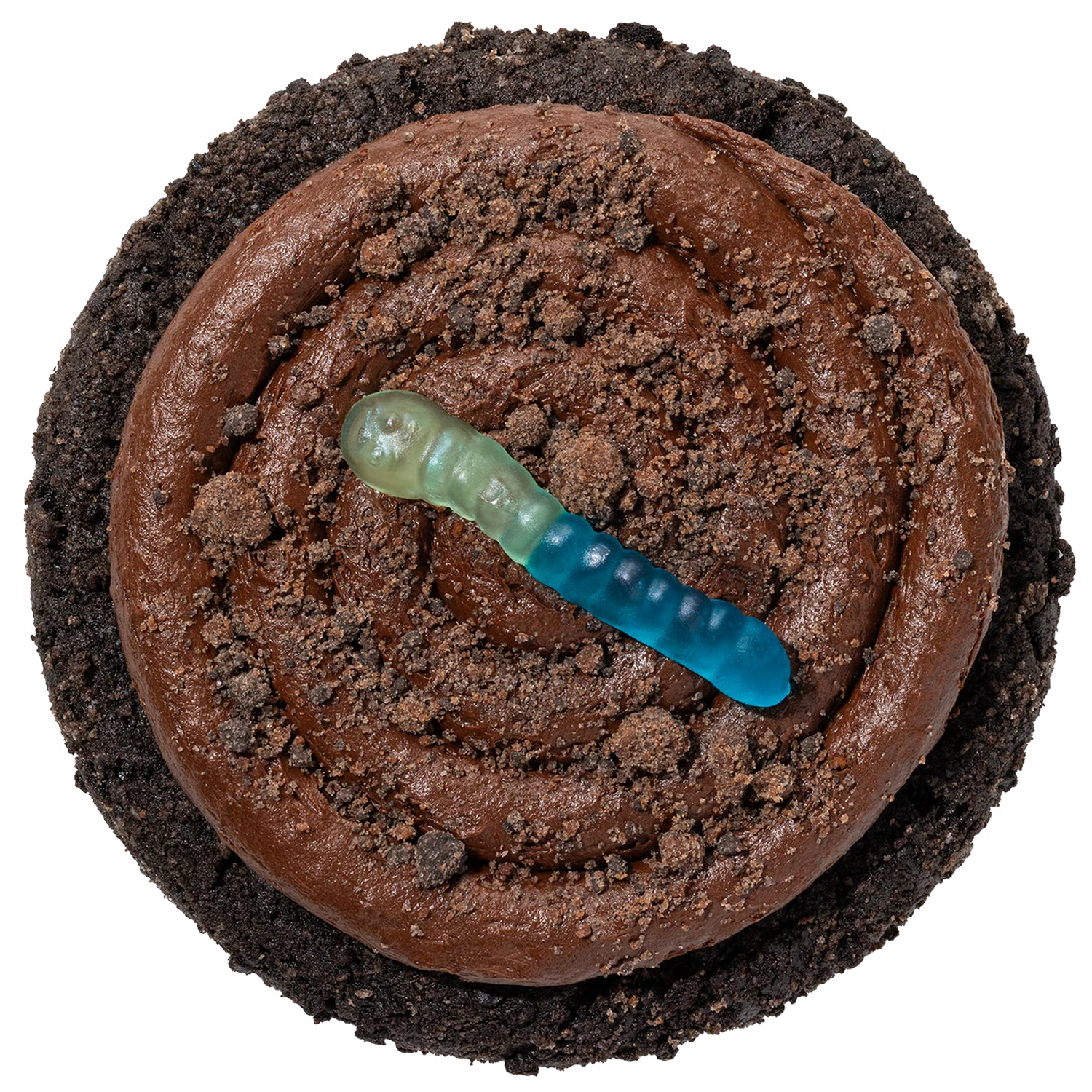 Crumbl Dirt Cake Cookie with a gummy worm
