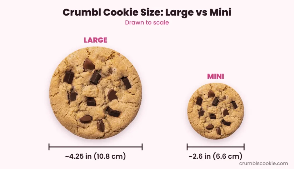 Crumbl cookie size chart: large cookie about 4.25 inches vs mini about 2.6 inches, drawn to scale