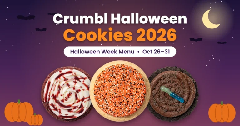 Crumbl Halloween Cookies 2026 Halloween week menu with Spooky Red Velvet, Halloween Sprinkle Cake and Dirt Cake cookies